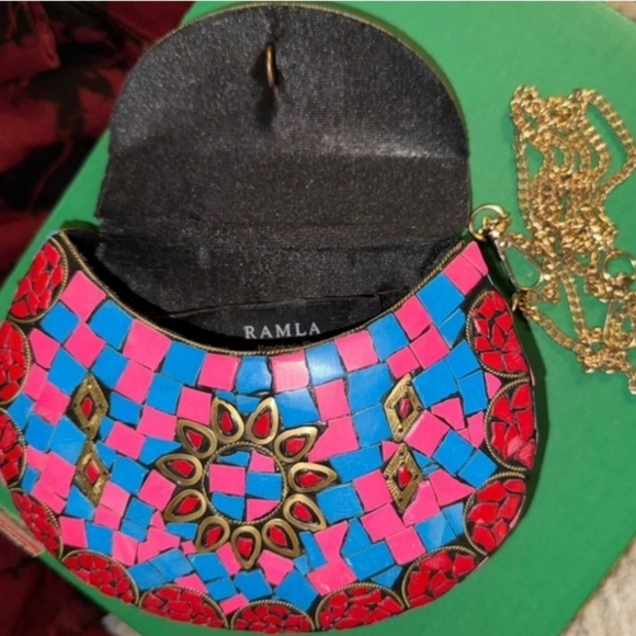 Ramla Handmade Mosaic Clutch Coachella Bollywood Pink Blue Red Festival Boho - Picture 3 of 11